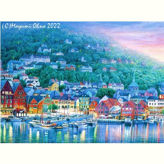 ノルウェー ベルゲン　ヨーロッパ　風景画 白 絵画 北欧　ノルディック　版画