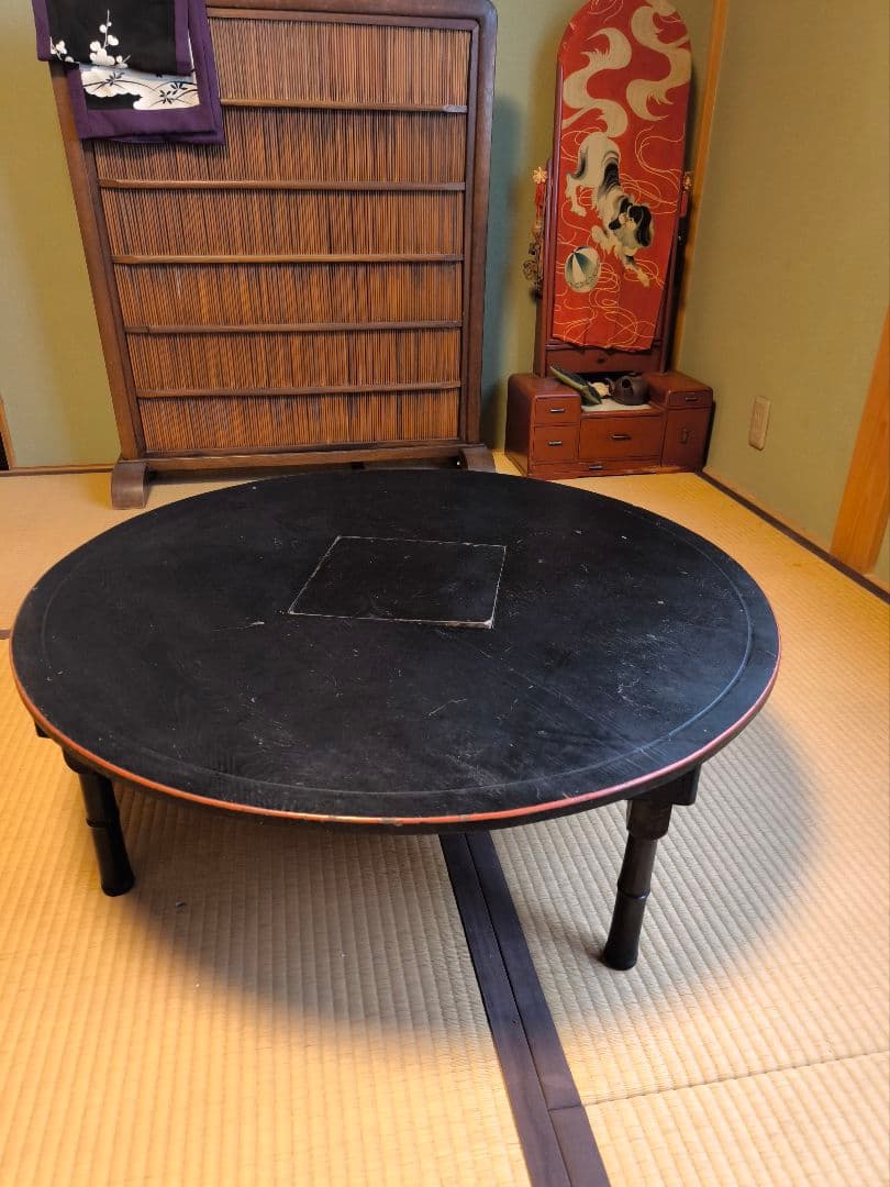 黒色 円形 板座卓 折りたたみ式