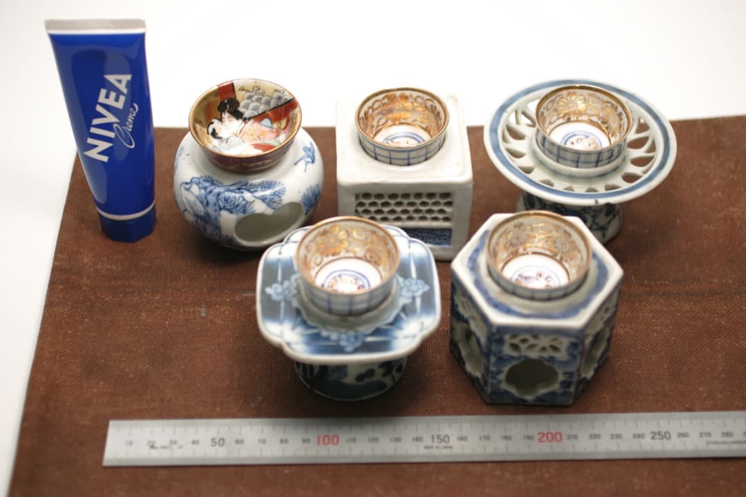 【即購入可】古伊万里／九谷焼／春画／盃台と酒盃・杯／５セット／酒器／ぐい呑／骨董