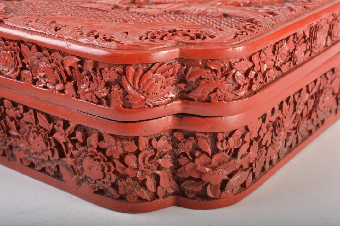 りか　中国　堆朱風　山水人物文　四方箱　蓋物　V　6477