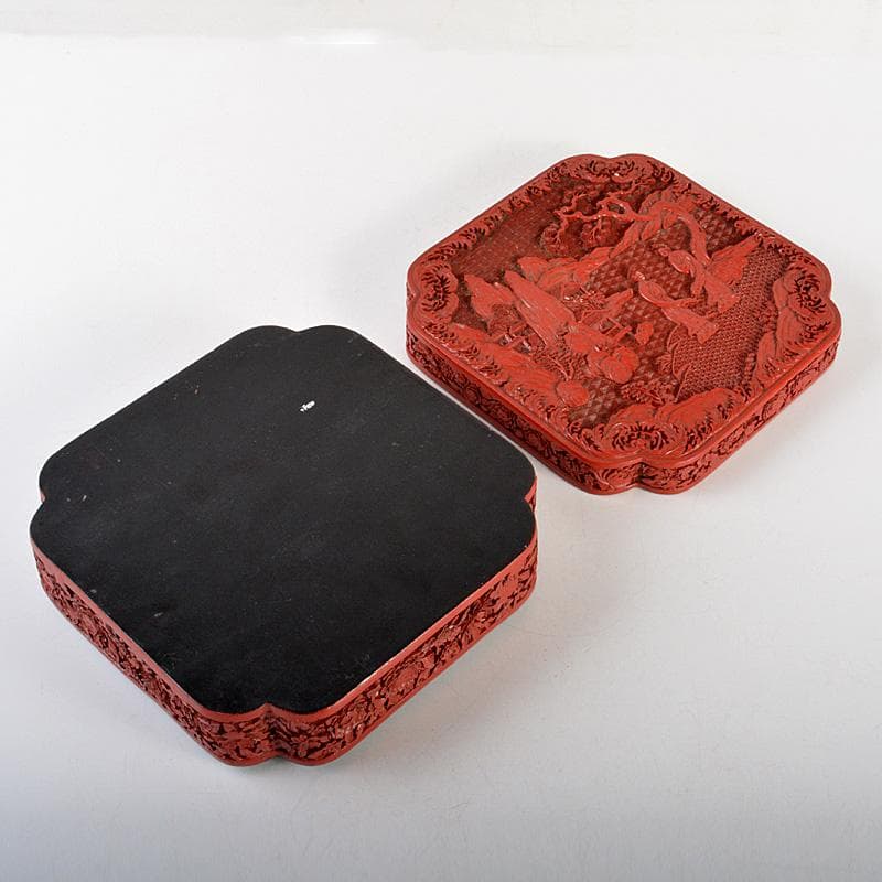 りか　中国　堆朱風　山水人物文　四方箱　蓋物　V　6477