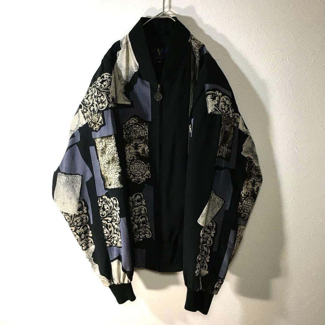【個性派古着】長袖総柄デザインブルゾン　豪華刺繍入り　ヨーロピアン調　LL