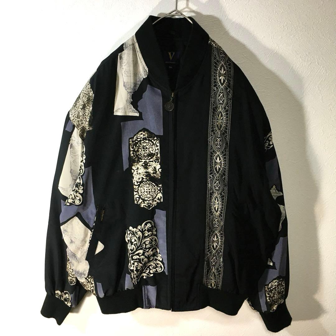 【個性派古着】長袖総柄デザインブルゾン　豪華刺繍入り　ヨーロピアン調　LL