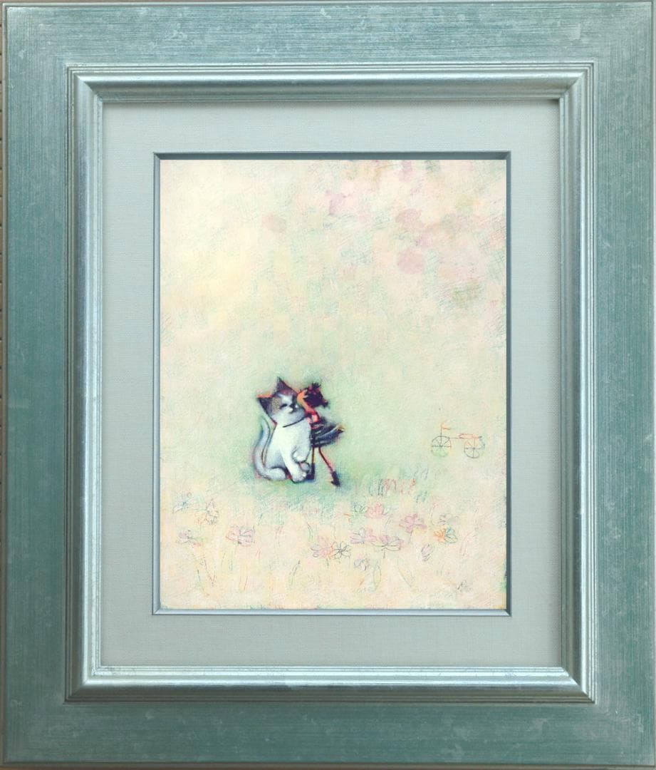 油絵 菅家令子絵 絵画インテリア額付(淡い銀青緑 )F3-051621子猫女の子