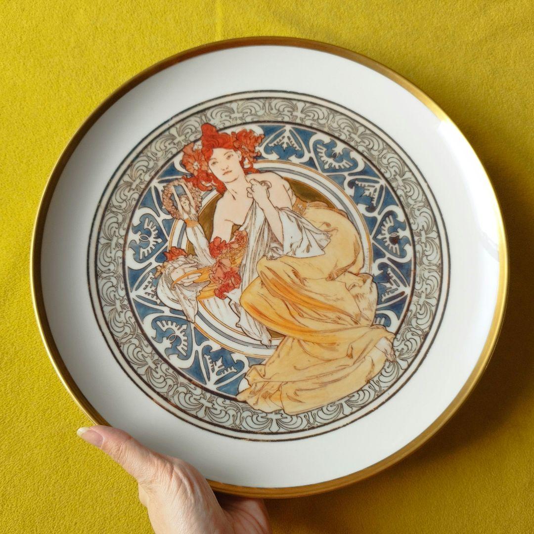 希少品 ミュシャ大皿：パリのシンボル 直径31cm 金縁