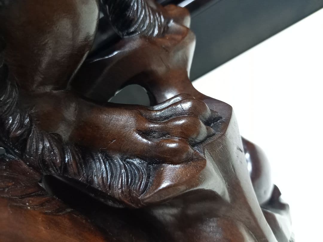 骨董　根木　唐木　無垢材　手彫り　硝子眼　唐獅子　細密　細工