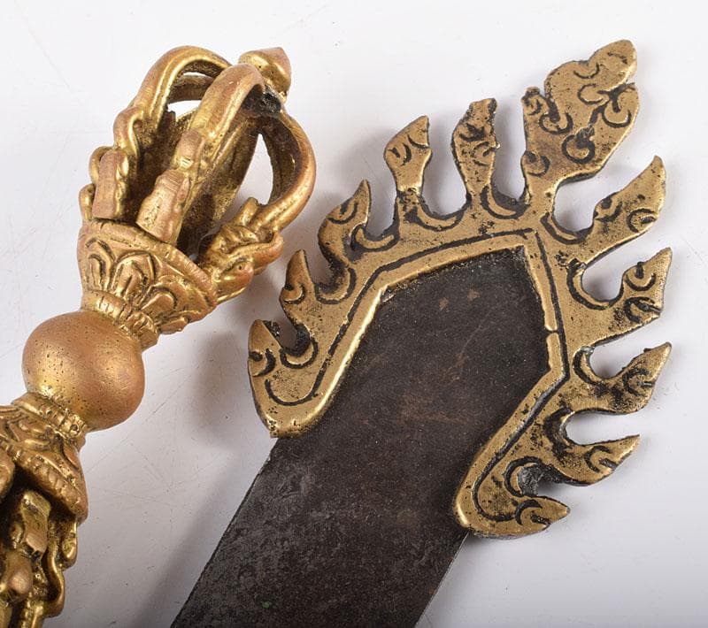 チベット密教法具　銅鍍金　文殊菩薩　利剣　ガドゥガ　八鈷杵　金剛杵　V4138B