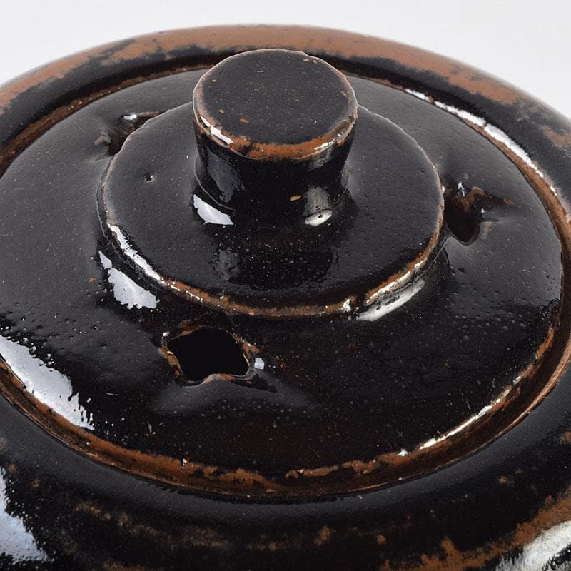人間国宝　濱田庄司作　黒釉　双耳香炉　蓋付香炉　共箱　M　R9216