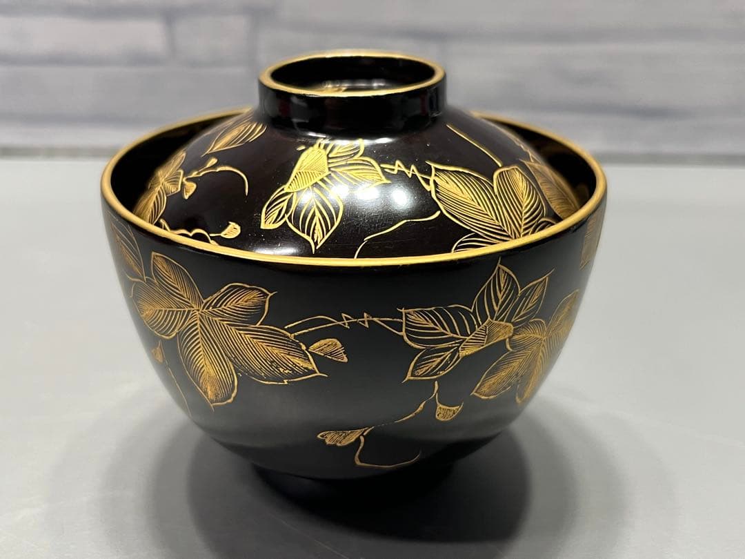 時代　極上　輪島塗　沈金蒔絵　小さな吸物椀　五客　木製